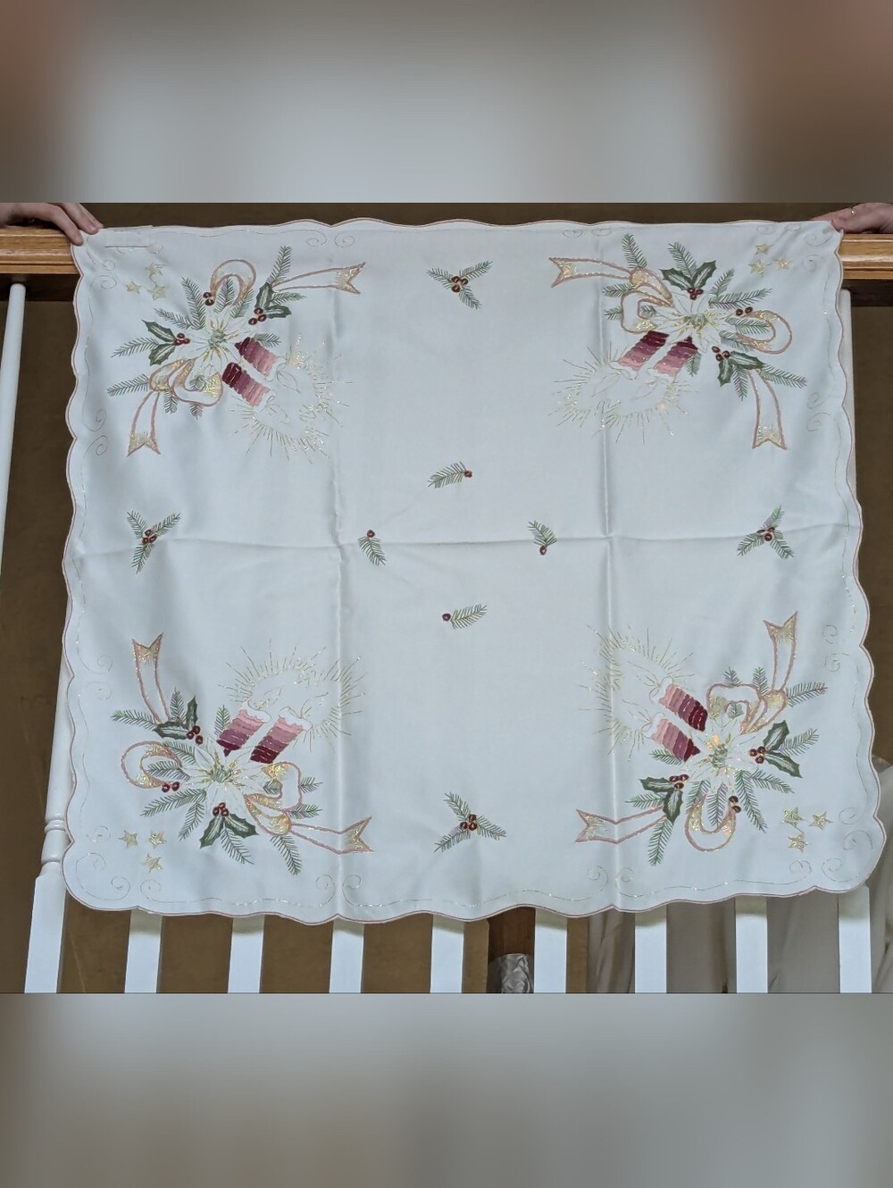 Holiday Candle Embroidered Tablecloth - White,Pink, Butgandy and Gold